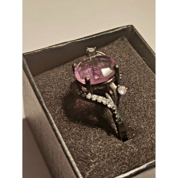 Italian Women's Size 8 Black Rhodium Plated Ring Amethyst & CZ  New with box - Picture 3 of 9